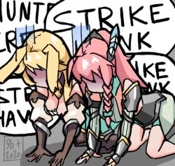  2girls all_fours animal_ears armor blonde_hair bow braid brown_gloves character_request commentary dragalia_lost english_text feather_hair_ornament feathers gloves green_bow hair_ornament hairbow hidden_face long_hair louise_(dragalia_lost) multiple_girls pauldrons percentplus pink_hair prostration shaded_face shoulder_armor signature speech_bubble vambraces 