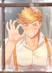  1boy ^_^ blonde_hair blush closed_eyes collarbone facing_viewer granblue_fantasy green_eyes higashigunkan large_pectorals male_focus muscular muscular_male ok_sign partially_unbuttoned pectoral_cleavage pectorals shirt short_hair smile solo vane_(granblue_fantasy) white_shirt 