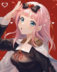  :o absurdres black_bow black_dress blue_eyes blunt_bangs blush bow breasts commentary_request dress female fujiwara_chika hairbow heart highres kaguya-sama_wa_kokurasetai_~tensai-tachi_no_renai_zunousen~ large_breasts long_hair long_sleeves looking_at_viewer open_mouth pink_hair red_background red_ribbon ribbon school_uniform shimotsuki_(gomibako) shuuchiin_academy_school_uniform solo upper_body 