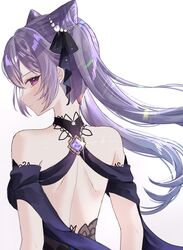  bare_back bare_shoulders black_ribbon blush commentary cone_hair_bun female genshin_impact hair_bun hair_ribbon highres keqing_(genshin_impact) keqing_(opulent_splendor)_(genshin_impact) long_hair looking_at_viewer mitsudomoe_(shape) mochi_mochi052 purple_eyes purple_hair ribbon simple_background solo tomoe_(symbol) twintails upper_body very_long_hair vision_(genshin_impact) white_background 