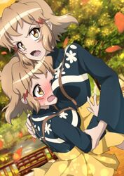  2girls blonde_hair blush breast_smother breasts brown_eyes commentary_request dual_persona face_to_breasts hair_ornament highres hug large_breasts looking_at_viewer multiple_girls oerba_yun_fang open_mouth outdoors petals selfcest senki_zesshou_symphogear shiny_skin short_hair sweater tachibana_hibiki_(symphogear) tachibana_hibiki_(symphogear)_(another) tree yukitsuba_hina yuri 