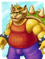  2020 anthro belly bottomwear bowser clothing fuzziness hi_res humanoid_hands koopa male mario_bros morenatsu nintendo overweight overweight_male scalie shirt shorts simple_background solo topwear torahiko_(morenatsu) 