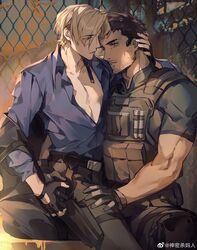  2boys absurdres bara beard brown_hair chris_redfield collared_shirt curtained_hair e_(h798602056) eye_contact eyes_visible_through_hair facial_hair feet_out_of_frame hand_on_another&#039;s_neck heads_together highres leon_s._kennedy looking_at_another male_focus mature_male multiple_boys muscular muscular_male partially_unbuttoned pectoral_cleavage pectorals resident_evil resident_evil_6 shirt short_hair sitting sitting_on_lap sitting_on_person straddling stubble thigh_strap upright_straddle yaoi 