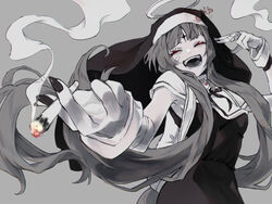  :d ^_^ aimaina bandaged_arm bandages bandaid bandaid_on_cheek bandaid_on_face baracan blunt_bangs breasts cigarette closed_eyes colored_eyelashes commentary dress facial_mark fangs female finger_gun finger_gun_to_head forehead_mark foreshortening greyscale habit halo hatsune_miku highres holding holding_cigarette kamippoina_(vocaloid) long_hair medium_breasts monochrome nun short_bangs sidelocks sleeveless sleeveless_dress smile smoke solo spot_color very_long_hair vocaloid wrist_cuffs 