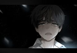  1boy aged_down black_hair blackbox_(blackbox9158) blurry blurry_background border brown_eyes close-up collared_shirt crying dark_background kim_dokja light_particles lolicon looking_at_viewer male_focus omniscient_reader&#039;s_viewpoint sad shirt short_hair solo streaming_tears tears upper_body 