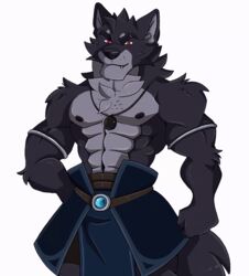  2d_animation abs animated anthro armband black_body black_fur black_nipples black_nose canid canine canis cheek_tuft chest_tuft clothed clothing eye_scar facial_scar facial_tuft fangs far_beyond_the_world_(series) fur fzjessedits head_tuft jewelry kael_tiger looking_at_viewer male mammal motion_tweening multicolored_body multicolored_fur muscular muscular_anthro muscular_male navel nipples partially_clothed pendant red_eyes scar short_playtime smile solo teeth topless topless_anthro topless_male tuft two_tone_body two_tone_fur vulgor_(far_beyond_the_world) wolf 