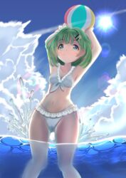  absurdres armpits arms_up blue_hair breasts cloud collarbone efu_(ehutan) female green_hair hair_ornament hairclip highres lens_flare looking_at_viewer magia_record:_mahou_shoujo_madoka_magica_gaiden mahou_shoujo_madoka_magica natsume_kako navel short_hair sky small_breasts smile solo sun swimsuit water 