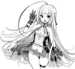  ahoge arm_up ass_visible_through_thighs azur_lane bare_arms bare_shoulders breasts commentary cowboy_shot dress female gloves greyscale hori_(hori_no_su) huge_ahoge long_hair looking_at_viewer monochrome open_mouth partially_fingerless_gloves pleated_dress skindentation small_breasts smile solo strapless strapless_dress thigh_gap thigh_strap thighs vauquelin_(azur_lane) very_long_hair 