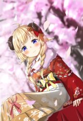  ahoge animal_ears blonde_hair blue_eyes blush bow braid cherry_blossoms closed_mouth feet_out_of_frame female floral_print flower fur_scarf furisode hair_flower hair_ornament hairbow hakama hakama_skirt highres hololive horns japanese_clothes kanzashi kimono long_hair obi obiage obijime official_alternate_hairstyle petals porontyo_07 purple_eyes red_kimono sash sheep_ears sheep_girl sheep_horns sitting skirt smile solo spring_(season) tsunomaki_watame tsunomaki_watame_(new_year) twin_braids virtual_youtuber 