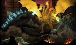  amphibian arthropod atomic_breath battle breath_powers building city cityscape destroyed_city dragon electricity electricity_breathing electricity_manipulation elemental_manipulation european_mythology female feral fight fire ghidorah_(species) godzilla godzilla:_the_series godzilla_(2014) godzilla_(series) godzilla_1998 greek_mythology group hydra iguana iguanid insects kaiju lepidopteran lizard male monster monsterverse moth mothra mothra_(series) mythological_creature mythological_scalie mythology neonneodragon reptile rift_seekers_saga scalie spread_wings tail toho trazsha utility_pole western_dragon wings zilla_jr 