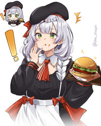  ! :o ^^^ absurdres apron ascot beret black_headwear black_shirt blush braid burger chibi commentary_request female food genshin_impact genshin_impact_sticker_redraw_(meme) green_eyes grey_hair hands_up hat highres holding holding_tray kfc meme multiple_views noelle_(genshin_impact) noelle_(kfc)_(genshin_impact) official_alternate_costume parted_lips pinepin red_ascot shirt short_hair simple_background tray upper_body white_apron white_background 