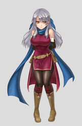  absurdres arm_behind_back bangle bare_shoulders belt black_gloves black_leggings blue_scarf boots bracelet breasts commentary_request commission dress elbow_gloves female fire_emblem fire_emblem:_radiant_dawn full_body gloves grey_hair hair_ribbon half_updo hazuki_(nyorosuke) highres jewelry large_breasts leggings long_hair micaiah_(fire_emblem) restrained ribbon scarf side_slit silver_background simple_background skeb_commission sleeveless sleeveless_dress solo yellow_eyes 