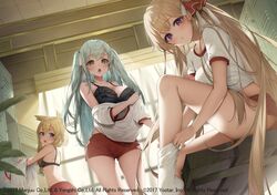  3girls absurdres alternate_costume azur_lane black_bra blonde_hair blush bra breasts commentary_request copyright_name cowboy_shot frilled_bra frills from_below from_side green_hair hair_ears hair_ribbon highres izumi_kei large_breasts locker locker_room long_hair looking_at_viewer medium_breasts midriff_peek multiple_girls official_art on_bench open_mouth purple_eyes red_ribbon red_shorts revenge_(azur_lane) ribbon royal_oak_(azur_lane) shirt short_shorts short_sleeves shorts sitting small_breasts sock_pull socks sportswear standing underwear undressing very_long_hair warspite_(azur_lane) white_shirt white_socks yellow_eyes 