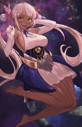  absurdres anklet barefoot blush breasts commentary dark-skinned_female dark_skin elbow_gloves feet female gloves hair_ornament highres hololive hololive_english jewelry kiwwwwwi large_breasts legs light_brown_hair long_hair looking_at_viewer multicolored_hair nebula open_mouth planet_hair_ornament sideboob sky smile soles space star_(sky) starry_sky toes tsukumo_sana tsukumo_sana_(1st_costume) twintails very_long_hair virtual_youtuber white_hair yellow_eyes 