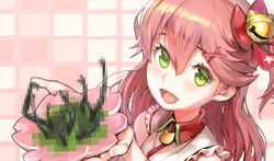  bad_food bell bug censored censored_food cherry_blossom_print female floral_print food green_eyes hair_bell hair_between_eyes hair_ornament hairclip highres holding holding_food hololive kousaku looking_at_viewer mosaic_censoring open_mouth pink_hair plate sakura_miko sakura_miko_(1st_costume) spider tarantula virtual_youtuber x_hair_ornament 