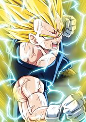  1boy absurdres aura blonde_hair clenched_hands commentary_request dragon_ball dragon_ball_z electricity facial_mark fighting_stance forehead_mark from_above gloves highres kamishima_kanon majin_vegeta male_focus muscular open_mouth solo super_saiyan super_saiyan_2 vegeta veins white_gloves 