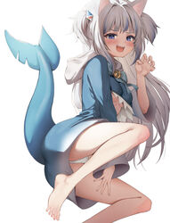  :d adapted_costume animal_ears bare_legs barefoot blue_hair blue_hoodie blush breasts cat_ears claw_pose feet female fins fish_tail foot_out_of_frame gawr_gura gawr_gura_(1st_costume) grey_hair highres hololive hololive_english hood hoodie korean_commentary long_hair long_sleeves medium_breasts multicolored_hair panties pharamacom purple_eyes shark_girl shark_tail sharp_teeth simple_background smile solo streaked_hair tail tail_raised teeth toes two_side_up underboob underwear upper_teeth_only very_long_hair virtual_youtuber white_background white_panties wide_sleeves 