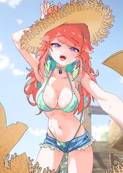  bikini bikini_under_clothes bird breasts chicken choker cleavage cloud day earrings feather_earrings feathers female green_bikini gurumie halterneck hat highleg highleg_bikini highres hololive hololive_english jewelry kotori_(takanashi_kiara) long_hair looking_at_viewer multicolored_hair no_shirt open_fly open_mouth outdoors short_shorts shorts sky solo straw_hat streaked_hair string_bikini sweat swimsuit takanashi_kiara takanashi_kiara_(casual) virtual_youtuber 