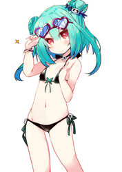  arm_up bare_arms bare_shoulders bikini black_bikini blush collarbone commentary double_bun earrings eyewear_on_head female flat_chest front-tie_bikini_top front-tie_top green_hair hair_between_eyes hair_bun hair_ornament hand_up heart heart-shaped_eyewear highres hololive jewelry looking_at_viewer navel red_eyes shirogane_(platinum) short_hair side-tie_bikini_bottom simple_background skull_hair_ornament smile solo standing swimsuit uruha_rushia virtual_youtuber white_background 