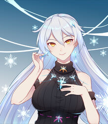  7t absurdres bare_shoulders black_sweater blue_background breasts closed_mouth earrings female highres honkai_(series) honkai_impact_3rd jewelry kiana_kaslana kiana_kaslana_(herrscher_of_the_void) long_hair looking_at_viewer ribbed_sweater smile snowflakes solo sweater white_hair yellow_eyes 