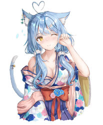  ;) ahoge animal_ear_fluff animal_ears blue_flower blue_hair blue_hakama blue_tail blush bow breasts cat_ears cat_girl cat_tail cleavage closed_mouth commentary_request cropped_torso female floral_print flower hair_ornament hairclip hakama hakama_skirt heart heart_ahoge highres hololive japanese_clothes kemonomimi_mode kimono long_hair long_sleeves looking_at_viewer low_twintails medium_breasts multicolored_hair off_shoulder official_alternate_hairstyle one_eye_closed paw_pose pink_flower print_kimono red_bow simple_background skirt smile solo streaked_hair synn032 tail tail_raised twintails virtual_youtuber white_background white_kimono wide_sleeves yellow_eyes yukihana_lamy yukihana_lamy_(new_year) 