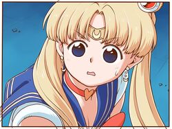  bishoujo_senshi_sailor_moon bishoujo_senshi_sailor_moon_s blonde_hair blue_background blue_eyes blue_sailor_collar border bow bowtie choker crescent crescent_earrings derivative_work diadem earrings female from_side hair_ornament hair_over_shoulder heart heart_choker jewelry long_hair looking_at_viewer magical_girl meme parted_bangs parted_lips poronegi red_bow red_bowtie red_choker sailor_collar sailor_moon sailor_moon_redraw_challenge_(meme) sailor_senshi_uniform school_uniform screenshot_redraw serafuku shirt solo sweatdrop tsukino_usagi twintails upper_body white_border white_shirt 