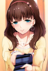  absurdres blue_eyes blue_necktie blurry blurry_background blurry_foreground blush bow brown_hair closed_mouth commentary_request depth_of_field earrings female frilled_sleeves frills gem glint hairband hairbow highres idolmaster idolmaster_cinderella_girls jewelry long_hair long_sleeves necklace necktie red_bow red_hairband ryuu. sakuma_mayu shirt smile solo striped_necktie upper_body yellow_shirt 