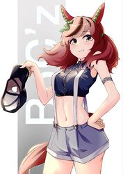  alternate_costume animal_ears armband baseball_cap black_shirt blush boc&#039;z_(umamusume) breasts brown_hair cowboy_shot crop_top female grey_shirt grin hand_on_own_hip hat highres holding holding_clothes holding_hat horse_ears horse_girl horse_tail kyabetsuman looking_at_viewer medium_hair midriff multicolored_hair navel nice_nature_(umamusume) red_hair shirt short_shorts shorts sleeveless sleeveless_shirt small_breasts smile solo streaked_hair suspender_shorts suspenders tail twintails umamusume unworn_hat unworn_headwear yellow_eyes 