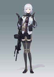  absurdres black_bodysuit black_shorts bodysuit boots breasts dlarudgml21 drum_magazine female full_body girls&#039;_frontline grey_hair gun highres korean_commentary large_breasts light_machine_gun magazine_(weapon) purple_eyes rpk-16 rpk-16_(girls&#039;_frontline) scope short_hair short_shorts shorts solo standing tactical_clothes thigh_boots thighhighs weapon 