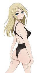  :d absurdres ass ass_grab black_one-piece_swimsuit blue_nails braid breasts competition_swimsuit coro_fae female grabbing_own_ass hair_down hayasaka_ai haysaca_a._smithee highres kaguya-sama_wa_kokurasetai_~tensai-tachi_no_renai_zunousen~ long_hair looking_at_viewer looking_back medium_breasts one-piece_swimsuit open_mouth racerback sideboob simple_background single_braid smile solo swimsuit white_background 