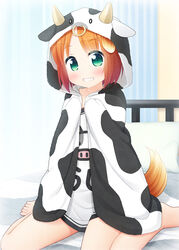  animal_ears animal_print bare_legs barefoot blush brown_hair cloak commentary_request cow_ears cow_hood cow_horns cow_print curtains dog_ears dog_girl dog_tail fake_animal_ears fake_horns female green_eyes grin hands_up highres hood hood_up hooded_cloak horns indoors inuarashi looking_at_viewer meiko_(inuarashi) on_bed original pillow shirt sitting smile solo tail wariza white_shirt 