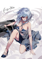  absurdres ak-12_(girls&#039;_frontline) alternate_costume bare_shoulders blood blood_on_face blue_dress blue_footwear breasts cleavage clothing_cutout collarbone cuts dress female fighting_stance girls&#039;_frontline glowing glowing_eyes grey_hair hair_over_mouth hand_on_ground high_heels highres holding holding_suitcase hyoku injury large_breasts looking_at_viewer messy_hair navel navel_cutout pink_eyes solo squatting suitcase torn_clothes torn_dress unusually_open_eyes 