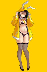  animal_ears bikini black_bikini black_thighhighs blush breasts brown_hair cleavage commentary_request detached_collar fake_animal_ears female full_body high_heels highres hood hooded_jacket jacket kekemotsu large_breasts long_hair long_sleeves looking_at_viewer necktie open_clothes open_jacket open_mouth original rabbit_ears solo swimsuit thighhighs yellow_background yellow_eyes yellow_jacket 