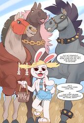  anthro clothing dialogue dumbwhore ear_piercing english_text equid equine facial_piercing feral hat headgear headwear hi_res horse imminent_milking lagomorph leporid lip_piercing male mammal nose_piercing overalls piercing rabbit redic-nomad text 