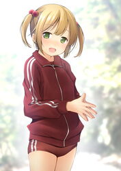  :d blonde_hair brown_buruma buruma commentary_request female green_eyes hair_bobbles hair_ornament highres jacket long_sleeves looking_at_viewer oerba_yun_fang original own_hands_together red_jacket shibacha smile solo track_jacket twintails 