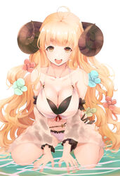  absurdres ahoge anila_(granblue_fantasy) anila_(summer)_(granblue_fantasy) bare_shoulders bikini black_bikini blonde_hair blush breasts cleavage collarbone commentary_request detached_sleeves draph female granblue_fantasy highres horns large_breasts layered_bikini long_hair long_sleeves looking_at_viewer navel official_alternate_costume open_mouth ryuu. sheep_horns short_eyebrows simple_background sitting smile solo swimsuit thighs very_long_hair wariza water white_background white_bikini wide_sleeves yellow_eyes 