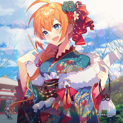  :d ahoge animal_print blue_eyes blurry blurry_background blush bow braid braided_ponytail butterfly_print commentary day female floating_hair flower green_flower hair_between_eyes hair_flower hair_ornament hair_over_shoulder hairbow hairpin holding japanese_clothes kimono long_hair monami open_mouth orange_hair outdoors pecorine_(new_year)_(princess_connect!) pecorine_(princess_connect!) princess_connect! print_kimono red_bow red_flower smile solo_focus standing twitter_username upper_body white_flower wide_sleeves winter 