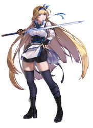  belt black_belt black_footwear black_gloves black_shorts black_thighhighs blonde_hair blue_eyes blue_hairband boots breasts commentary_request commission delsaber female full_body gloves hairband high_heel_boots high_heels highres holding holding_sword holding_weapon large_breasts long_hair long_sleeves original shirt short_shorts shorts simple_background skeb_commission smile solo standing sword thighhighs thighs very_long_hair weapon white_background white_shirt 