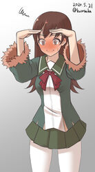  blush brown_eyes brown_hair commentary_request cosplay cowboy_shot dated female fur-trimmed_sleeves fur_trim gradient_background green_jacket green_sailor_collar green_skirt grey_background jacket kantai_collection long_hair long_sleeves neck_ribbon nose_blush one-hour_drawing_challenge ooi_(kancolle) pantyhose pleated_skirt red_ribbon ribbon sailor_collar school_uniform serafuku shading_eyes shimushu_(kancolle) shimushu_(kancolle)_(cosplay) shimushu_pose skirt smile solo squiggle twitter_username white_background white_pantyhose yuki_to_hana 