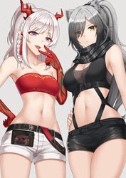  2girls :d animal_ears arknights bandeau bare_arms bare_shoulders black_scarf black_shorts breasts cat_ears cleavage collarbone commentary commission cowboy_shot crop_top english_commentary grey_background grey_hair hand_up highres kurisu-kun large_breasts long_hair looking_at_viewer midriff multiple_girls navel nian_(arknights) open_mouth purple_eyes red_bandeau red_tube_top scarf schwarz_(arknights) short_shorts shorts simple_background small_breasts smile standing stomach strapless thighs tongue tongue_out tube_top white_hair white_shorts yellow_eyes 