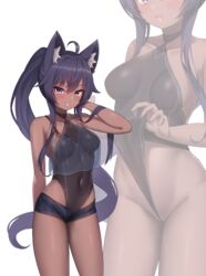  absurdres ahoge animal_ears arm_behind_back arm_up bad_id bad_pixiv_id bare_arms bare_shoulders black_hair black_leotard black_shorts borrowed_character breasts brown_kemomimi-chan_(krr) commission covered_navel crop_top crop_top_overhang dark-skinned_female dark_skin dungeon_and_fighter female grin highleg highleg_leotard highres korean_commentary kumarang leotard leotard_pull leotard_under_clothes long_hair looking_at_viewer medium_breasts micro_shorts open_fly original ponytail purple_eyes see-through shirt shorts simple_background sleeveless sleeveless_shirt smile solo standing thighs very_long_hair white_background wolf_ears zoom_layer 