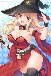  :d artist_name bare_shoulders black_hat black_thighhighs blonde_hair blue_background breasts checkered_background cleavage commentary_request commission detached_collar detached_sleeves dress female hagino_kouta hat highres large_breasts long_hair looking_at_viewer open_mouth original pixiv_commission pointy_ears red_dress red_eyes smile solo test_tube thighhighs thighs wide_sleeves witch_hat 