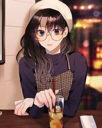  alternate_costume bad_arm bad_id bad_twitter_id bespectacled black_hair black_sweater blue_eyes blurry blurry_background brown_dress commentary_request cup depth_of_field dress drinking_glass drinking_straw fate/stay_night fate_(series) female glass glasses highres holding ice ice_cube indoors long_hair long_sleeves looking_at_viewer parted_lips plaid plaid_dress round_eyewear shimatori_(sanyyyy) sleeveless sleeveless_dress smile solo sweater table tohsaka_rin upper_body window wooden_table 