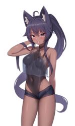  absurdres ahoge animal_ears arm_behind_back arm_up bad_id bad_pixiv_id bare_arms bare_shoulders black_hair black_leotard black_shorts borrowed_character breasts brown_kemomimi-chan_(krr) commission covered_navel crop_top crop_top_overhang dark-skinned_female dark_skin dungeon_and_fighter female grin highleg highleg_leotard highres korean_commentary kumarang leotard leotard_under_clothes long_hair looking_at_viewer medium_breasts micro_shorts open_fly original ponytail purple_eyes see-through shirt shorts sleeveless sleeveless_shirt smile solo standing thighs transparent_background very_long_hair wolf_ears 