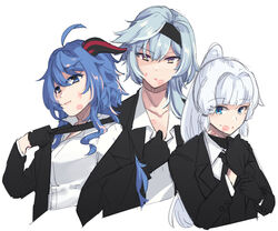  3girls ahoge blue_hair blunt_bangs eula_(genshin_impact) formal ganyu_(genshin_impact) genshin_impact gloves hairband highres hinagi_(fox_priest) horns jacket kamisato_ayaka lipstick_mark lipstick_mark_on_neck long_hair looking_at_viewer medium_hair multiple_girls necktie ponytail purple_eyes suit suit_jacket yuri 