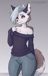  anthro bare_shoulders bottomwear canid canid_demon canine clothed clothing demon denim denim_bottomwear denim_clothing ear_piercing ear_ring femboy fluffy fluffy_tail ftm_crossgender fully_clothed fur grey_body grey_fur grey_hair hair hellhound helluva_boss inner_ear_fluff jeans long_sleeves loona_(helluva_boss) male mammal mythological_canine mythological_creature mythology pants piercing red_sclera ring_piercing rule_63 solo sweater tail topwear tuft white_body white_fur wide_hips yorusagi 