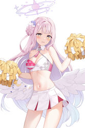  absurdres blue_archive breasts cheerleader cleavage commentary_request female hair_bun halo highres long_hair looking_at_viewer low_wings medium_breasts midriff mika_(blue_archive) mochiko_(uyu_omochi) navel pink_hair pink_halo pom_pom_(cheerleading) simple_background single_hair_bun solo very_long_hair white_background white_wings wings yellow_eyes 