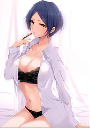  :o applying_makeup arm_behind_back arm_up black_bra black_panties blue_hair bow bow_panties bra breasts cleavage collarbone commentary_request cosmetics dress_shirt female from_side hayami_kanade highres idolmaster idolmaster_cinderella_girls large_breasts lipstick lipstick_tube long_sleeves looking_at_viewer makeup navel open_clothes open_mouth open_shirt panties parted_bangs revision ryuu. shirt short_hair simple_background sitting solo underwear white_background white_shirt yellow_eyes 