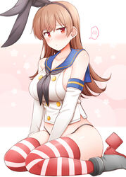  alternate_costume ass_visible_through_thighs black_hairband black_neckerchief black_panties blush breasts brown_eyes brown_hair closed_mouth commentary_request cosplay crop_top elbow_gloves female gloves gradient_background hair_ornament hairband highleg highleg_panties kantai_collection large_breasts long_hair looking_at_viewer neckerchief no_pants ooi_(kancolle) panties revision rui_shi_(rayze_ray) sailor_collar school_uniform serafuku shimakaze_(kancolle) shimakaze_(kancolle)_(cosplay) sitting skirt solo spoken_blush striped_clothes striped_thighhighs thighhighs underwear wariza white_gloves 