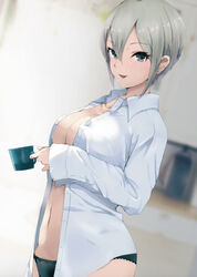  black_panties blush breasts collarbone collared_shirt commentary_request cup dress_shirt female grey_eyes grey_hair hair_between_eyes highres holding holding_cup idolmaster idolmaster_cinderella_girls large_breasts long_sleeves looking_at_viewer navel no_bra no_pants open_clothes open_mouth open_shirt panties parted_bangs revision ryuu. shiomi_syuko shirt short_hair smile solo underwear white_shirt 